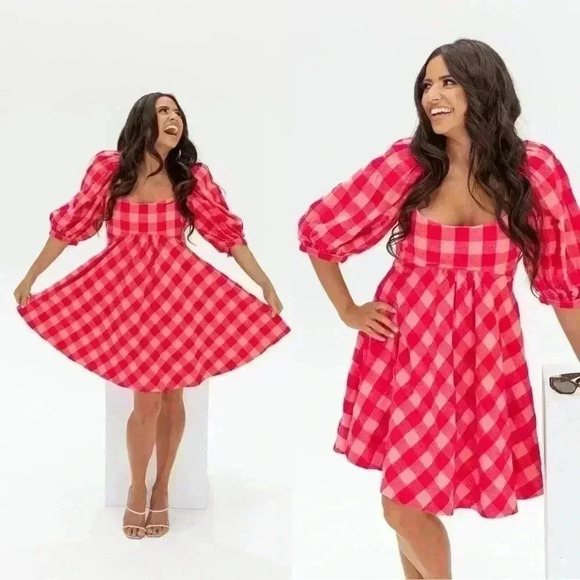 Acler Pink and Red Gingham Puff-Sleeve Mini Dress - Picture 14 of 14